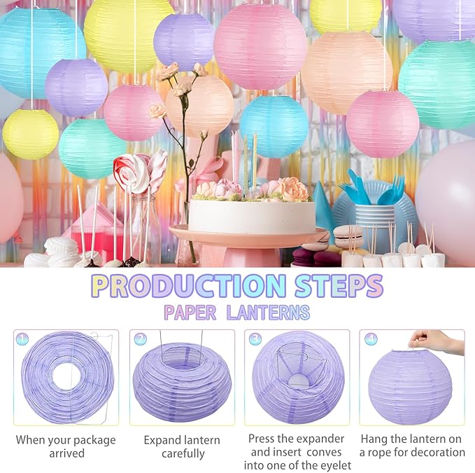Pastel Paper Lanterns Decorative, Classroom Decor Macaron-Color Neon Hanging Paper Lantern Decorations for Easter Party Decorations, Baby Shower Wedding Birthday Mother's Day, 15Pcs
