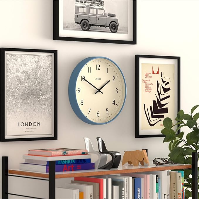 JONES CLOCKS® Studio wall Clock | Modern Round Style | 12 inch | Mid Blue | Easy to Read Numbers | Versatile Design for Kitchen, Living Room or Office