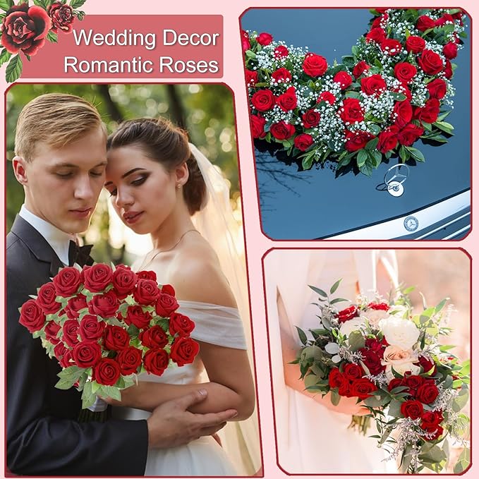 50Pcs Red Roses Artificial Flowers Fake Roses Faux Velvet Silk Flower for Home Wedding Decoration (Pearl Rose, Red)