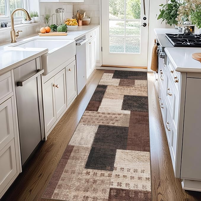 Modern Geometric Patchwork Indoor Runner Rug for Living Room, Chocolate 2.7'x 10' Rug Rockwood Collection Hardwood Floors Decor for Bedroom, Brown Throw Carpet for Office Entryway Dining Room