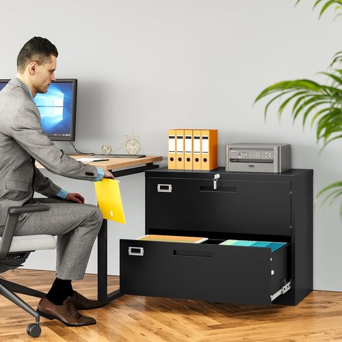 SISESOL Lateral File Cabinet - 2 Drawer Lockable Metal Design in Black | Fits A4, F4, Letter, Legal Files