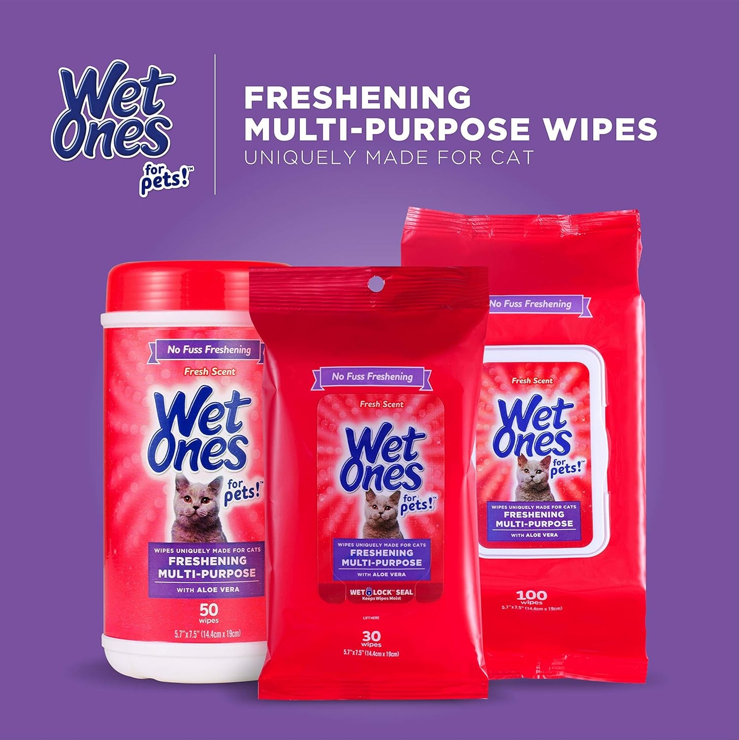 Wet Ones for Cats - Multi-Purpose Grooming Wipes with Aloe Vera | Fresh Scent, 50 Count - Removes Dirt & Odor