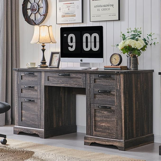 RedLemon 60" Farmhouse Executive Desk, Home Office Desk with Drawers, Charging Station, Keyboard Tray, File Drawer, Storage Cabinet, Wood Rustic Computer Writing Desk (Dark Rustic Oak)