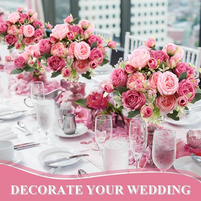16 Bundles Artificial Peonies Silk Peonies Faux Flower Bouquet Fake Peony Flower Arrangements Table Centerpieces for Vase Wedding Party Boho Home Office Decoration Bulk (Rose Red, Pink)