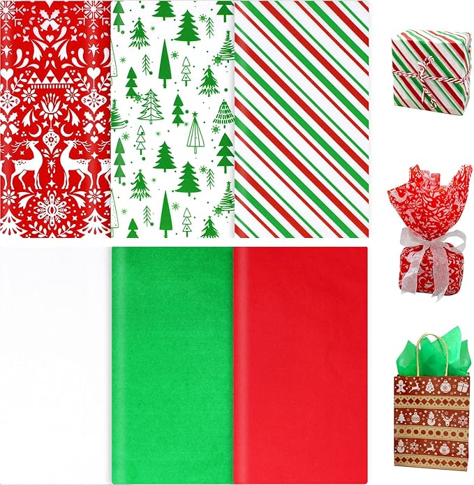 ZMCINER 160 Sheets Christmas Tissue Paper Assorted Christmas Tissue Paper for Gift Wrapping, Christmas Gift Boxes and Wine Bottles