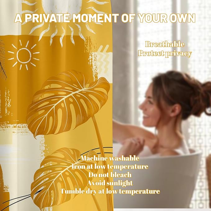 Extra Long Shower Curtain XL Mustard Yellow Leaf, 108 x 72 Inchs | for Extra Tall 108 Inchs Shower, Boho Botanical Pattern Design, Large Bathroom Decor Sets Waterproof Cloth Fabric, with Hooks