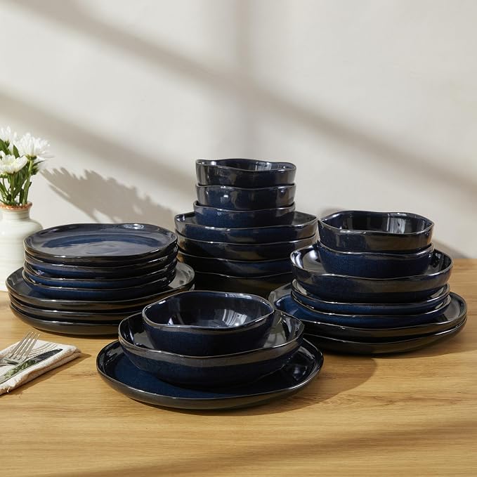 Pokini 24 Pieces Dinnerware Set for 6 with Pasta Bowls, Complete Ceramic Dish Set, Stackable & Glossy Stoneware Plate and Bowl Set for Effortless Everyday Hosting, Starry Blue