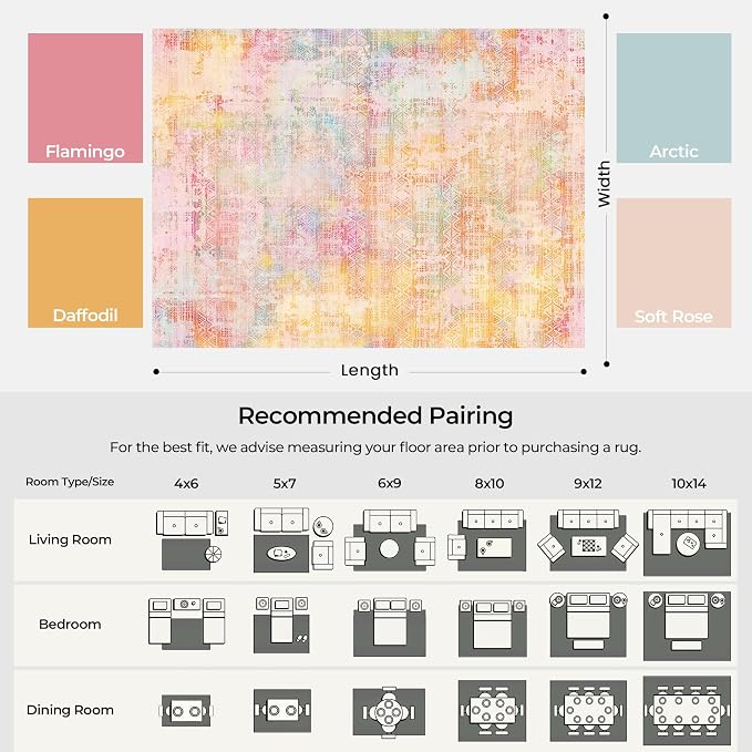 Kokia Abstract Area Rugs 9x12 Bedroom Washable Decor Low Pile Non-Slip Non-Shedding Indoor Pink Orange Carpet Foldable Stain Resistant Floor Mat Living Room Dining Room, Oslo Sunrise