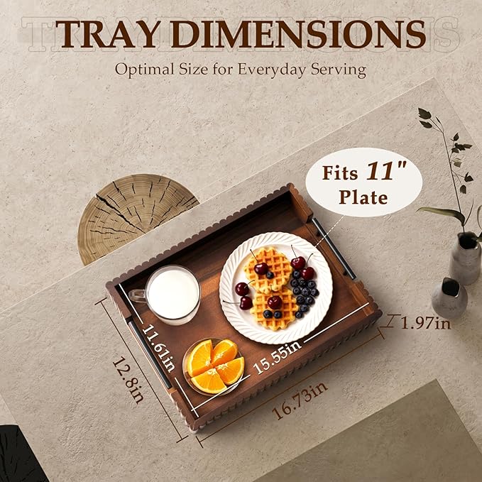 Acacia Wood Decorative Serving Tray with Handles, 16.7" x 12.8" Large Wooden Ottoman Tray for Living Room, Coffee Table Tray Decor for Food, Dinner, Tea or Breakfast in Bed (Walnut)