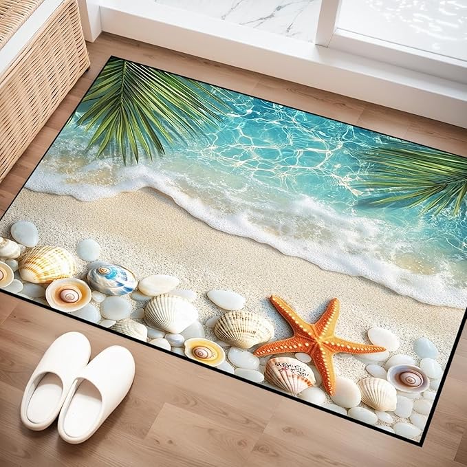 2'x3' Beach Rug Starfish Seashell Area Rugs for Entryway Bedroom Living Room Kitchen Home Decor Ocean Sea Wave Carpt 3D Non Slip Washable Throw Rug Coastal Seaside Floor Mat
