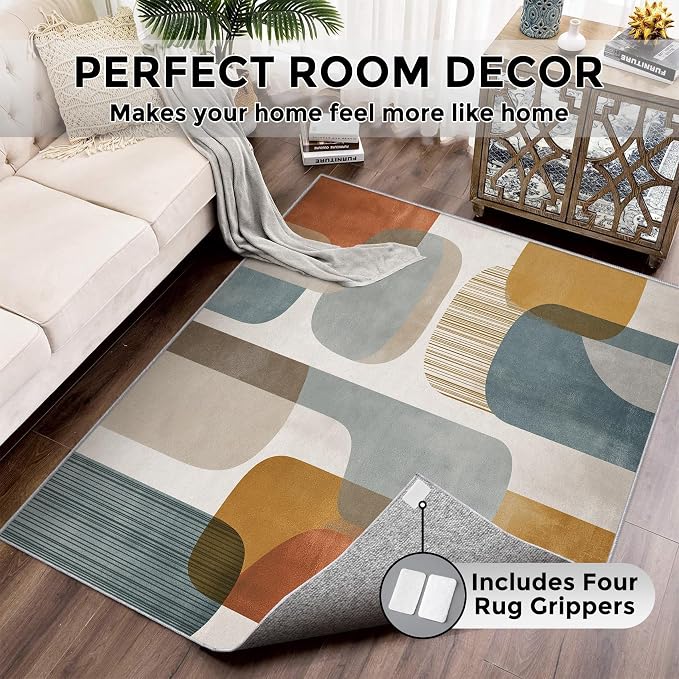 6x9 Mid Century Geometric Rugs for Bedroom Decor, Washable Mid Century Modern Pattern Area Rug, Living Room Home Decoration, Non Slip Soft Thin, Modern Abstract Decor Carpet PF-P 117