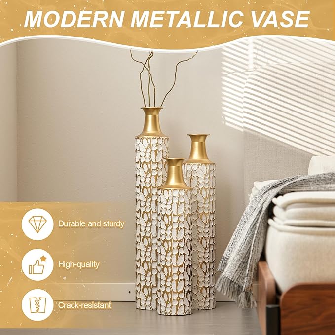 3-Piece Christmas Metal Vase Set, Festive Iron Flower Vases for Holiday Home Decor - Modern Farmhouse Table Centerpiece & Floor Decor for Living Room, Idea (Set of 3)