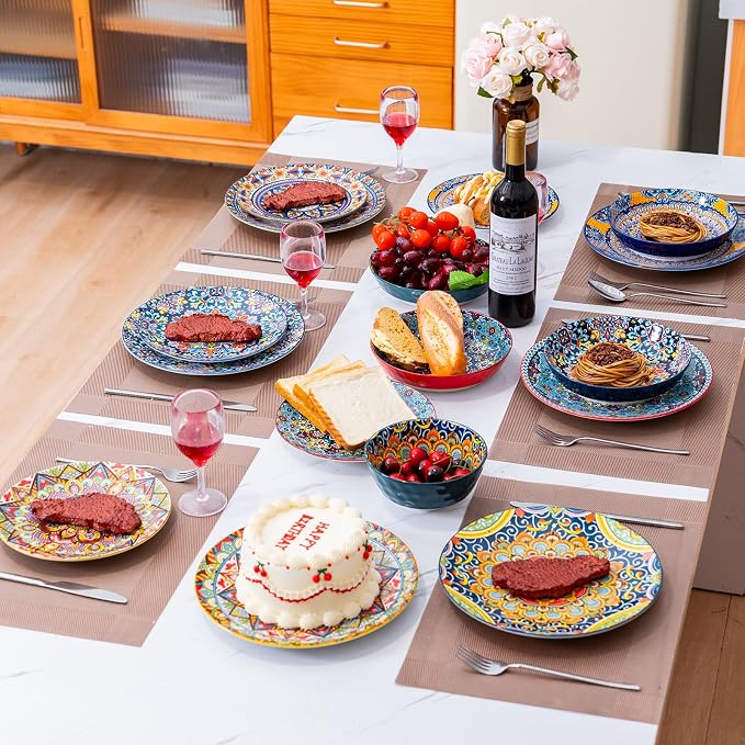 24 Pieces Dinnerware Sets, Ceramic Plates and Bowls Set, Microwave and Dishwasher Safe, Scratch Resistant, Bohemian Style Dishware Set, Service for 6