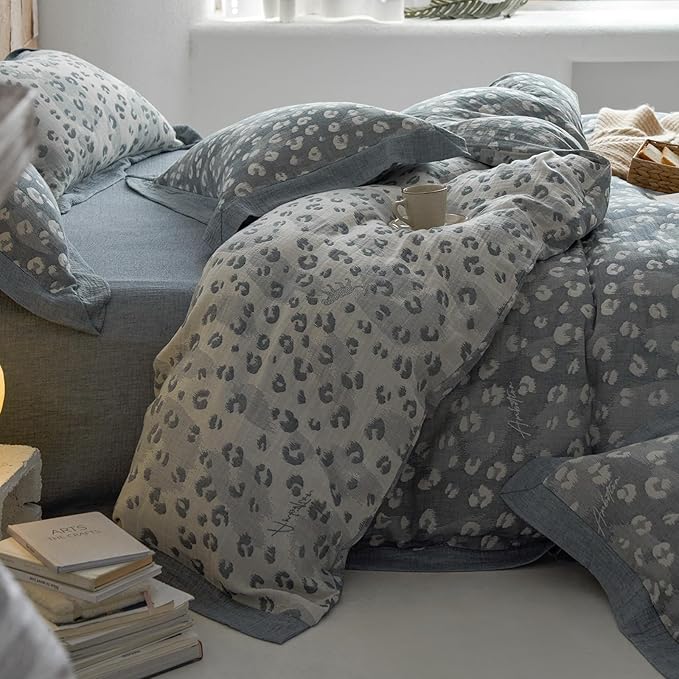 Jacquard Leopard Duvet Cover King Yarn-Dyed Linen Cotton Duvet Cover Vintage Grey Leopard Print Bedding Set Floral Muslin Cotton Jacquard Comforter Cover Boho Leopard Pattern Duvet Cover for Men Women