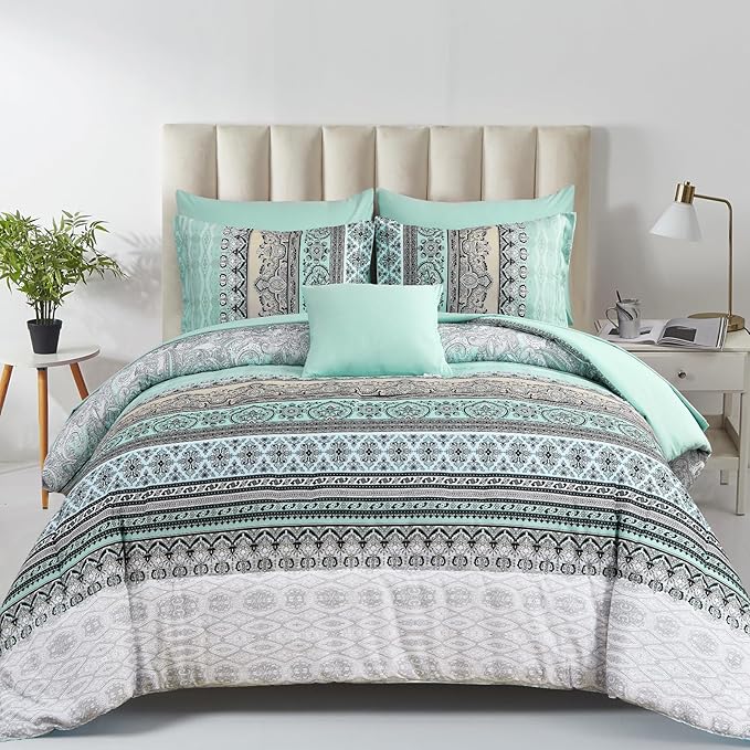 Cottolester Boho Comforter Set Full Size,8 Piece Bed in a Bag Sage Green Paisley Comforter and Sheet Set,Striped Bedding Set Soft Microfiber Complete Bedding Set