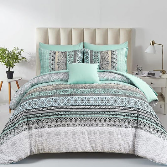 Cottolester Boho Comforter Set Full Size,8 Piece Bed in a Bag Sage Green Paisley Comforter and Sheet Set,Striped Bedding Set Soft Microfiber Complete Bedding Set