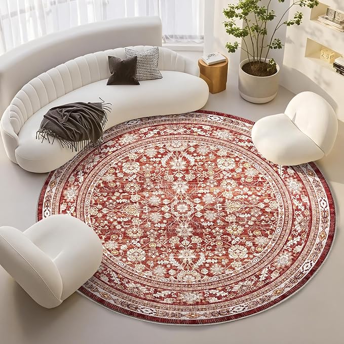 OPPODREAM Vintage Red Round Rug 8ft, 8 ft Retro Washable Circle Rug Non Slip, Low-Pile Faux Wool Circular Carpet, Distressed Floor Mat for Living Room, Bedroom, Office, Dorm, Dinning Room