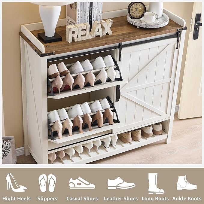 OKD Shoe Storage Cabinet with 2 Flip Drawers & Sliding Door, Farmhouse Entryway Shoe Organizer, Freestanding Rustic Hidden Shoe Rack Cabinet for Entryway, Antique White