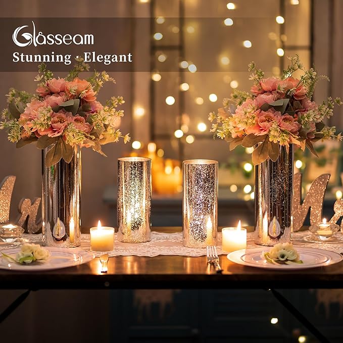 Glasseam Glass Cylinder Silver Vase: Set of 6 Decorative Flower Vases for Centerpieces Modern Vase for Flowers Wedding Decor Mercury Candle Holders for Pillar Candles Dining Table Decorations