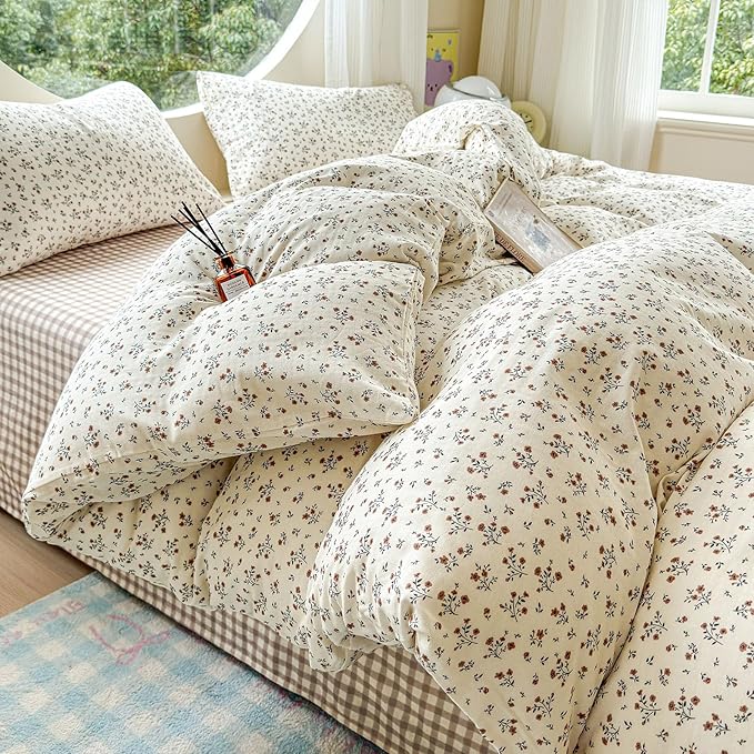 EAVD Garden Style Small Floral Duvet Cover Queen Size Soft 100% Cotton Muslin Bedding Set with Floral Print Fresh Cottagecore Botanical Pattern Duvet Cover with Zipper Closure