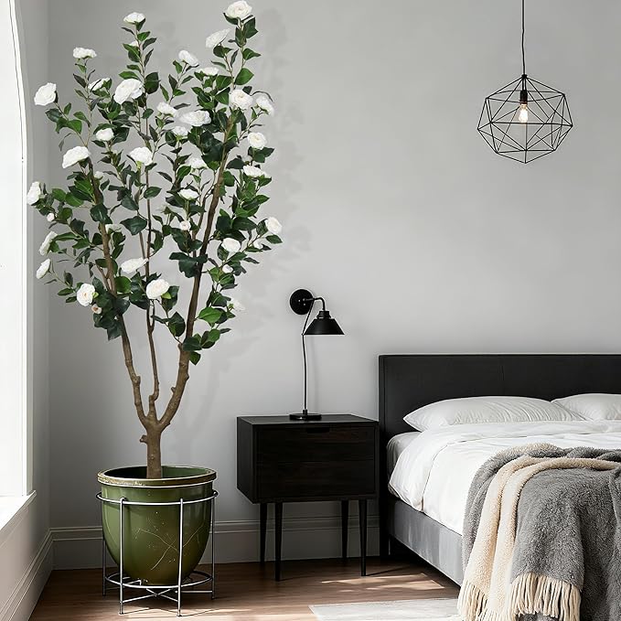 6.6ft Tall Camellia Artificial Tree, Handmade Faux Floral Camellia Tree, Pink White Blooming Flowers & Green Leaves, Artificial Plants for Home Front Door Decor Indoor Outdoor Party Wedding