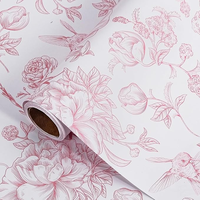 RayofSun Pink Floral Wrapping Paper Roll 17 in x 16.5 ft Mini Roll Vintage Toile Flower Gift Wrap Paper for All Occasion Wedding Birthday Bridal Shower Party Baby Shower Christmas
