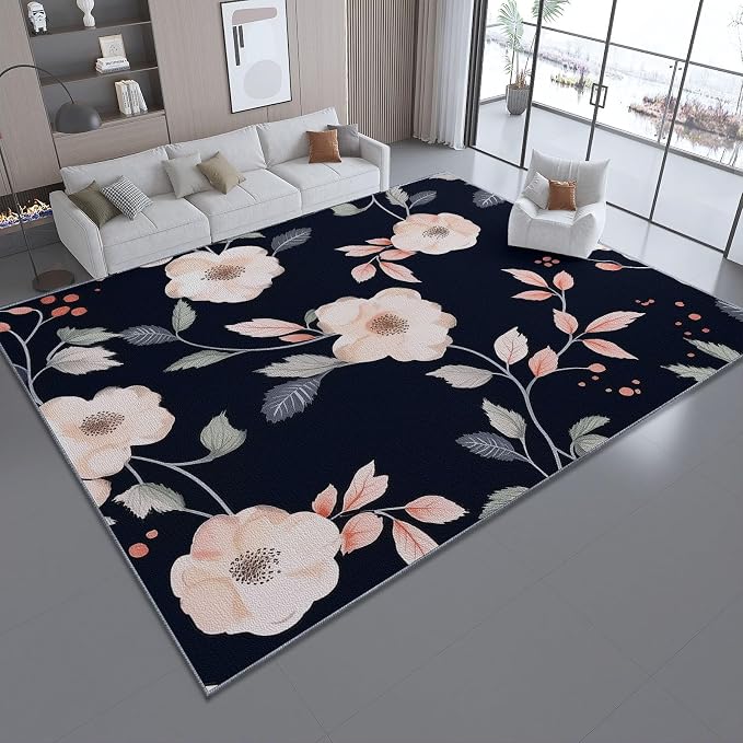 Area Rugs for Living Room, 5x7 Washable Rug Black Soft Low Pile Non-Slip Carpet Stain Resistant Carpets for Bedroom Dining Room Farmhouse Nursery, Retro Branches and Leaves Elegant Flowers