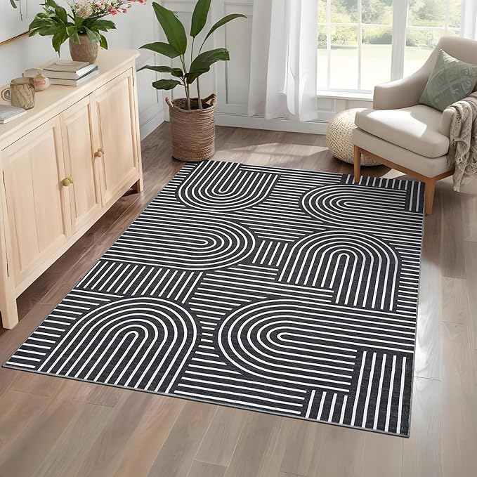 Washable 4x6 Modern Black Small Area Rug for Living Room Modern Geometric Lines Accent Rug Non Slip Office Small Carpet Thin Foldable Boho Rainbow Indoor Floor Mat for Bedroom Kitchen, Black