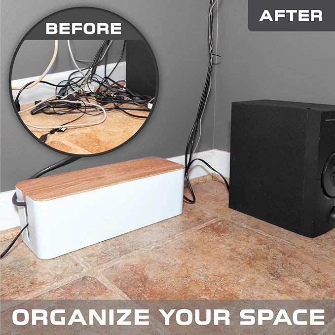 Iron Forge Cable Cable Management Box, 2 Pack - White Cord Organizer with Wood Top - Hider for Wires, Power Strips, Surge Protectors & More - Includes Accessories