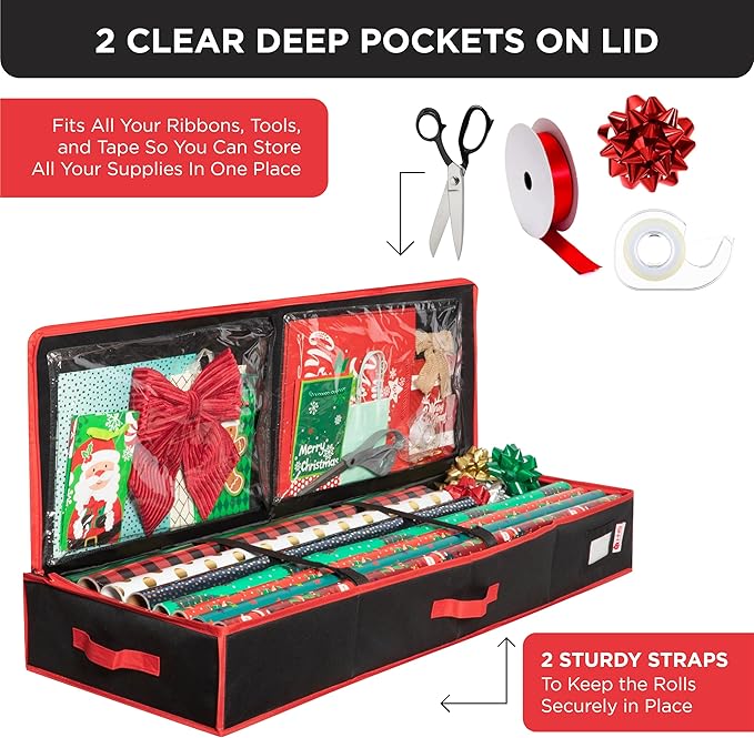 HOLDN’ STORAGE Premium Wrapping Paper Storage Container - Durable 600D Tear-Proof, Fits 27 Rolls Gift Wrap, Extra Pockets for Ribbons & Bows, Underbed Storage - Ideal for Holiday Christmas, Black