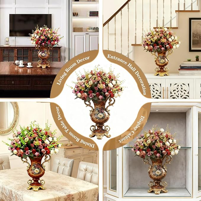 Artificial Vintage Decor Vase -European Golden Resin Vase Vintage Vases for Artificial Flowers Dining Room Table Decor Wedding Party