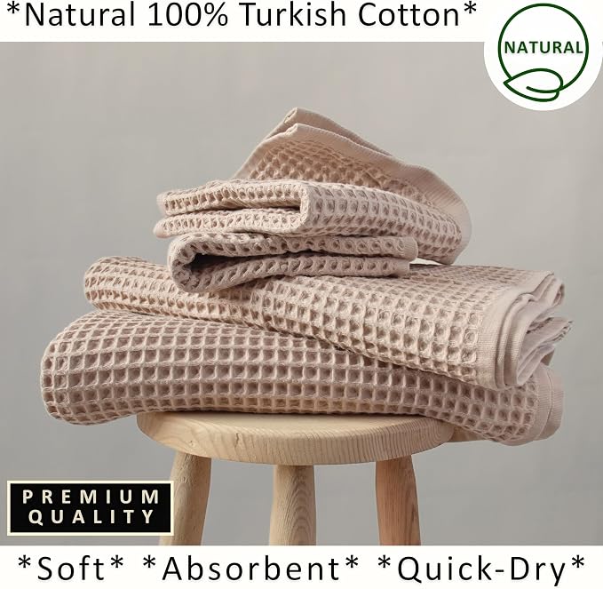 PÜSKÜL 4-Piece Natural 100% Turkish Cotton Luxury Waffle Towels for Bathroom | Premium Honeycomb Weave 2 Hand Towel & 2 Bath Towel Set | Soft Absorbent Quick-Dry Lightweight Towels (Beige)