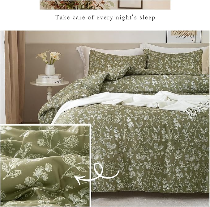 HighBuy Floral Duvet Cover King Olive Green Floral Botanical Bedding Comforter Cover King Women Girls Garden Style Bedding Set Boho Chic Duvet Cover with 2 Pillowcases,All Season