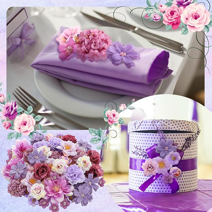 Geosar 120 Pcs Small Flowers for Crafts Mini Faux Flowers Artificial Silk Fabric Floral Arrangement Decor for DIY Wreath Bouquets Wedding Shower Home Decor(Purple,Coquette Style)