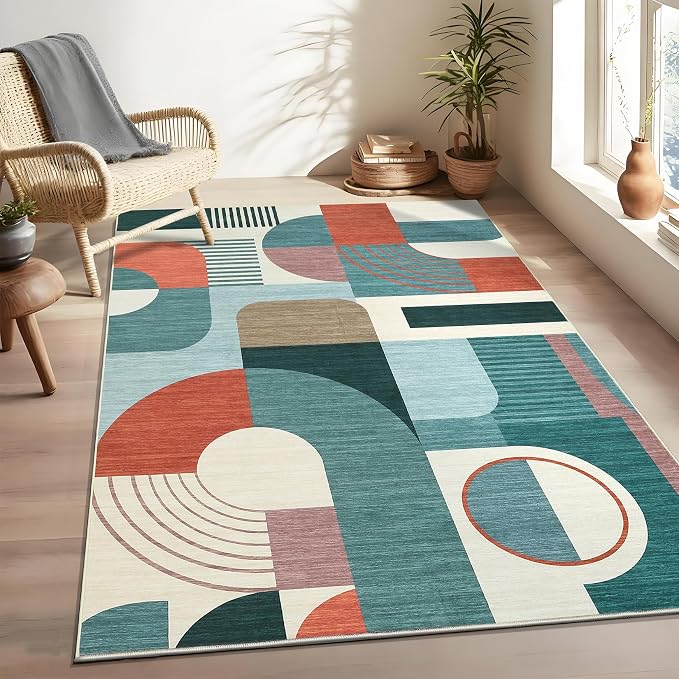 3x5 Washable Rug for Bedroom, Boho Geometric Small Area Rugs for Living Room Entryway Soft Low Pile Non-Slip Indoor Rug for Playroom Dorm, Blue Multi, 3'x5'