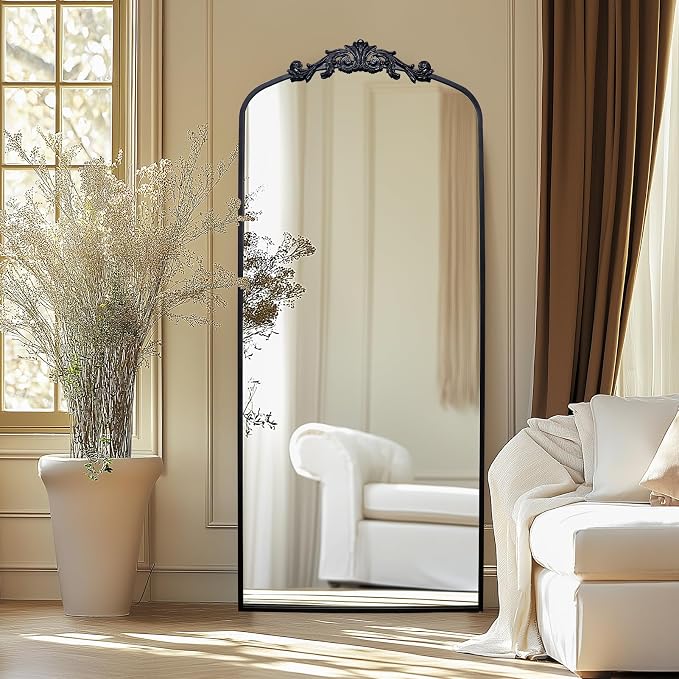 71" x 30" Black Arch Full Length Mirror, Gothic Ornate Baroque Floor Mirror with Decorative Crown, Large Arched Wall Mounted Dressing Mirror for Bedroom, Living Room, Entryway