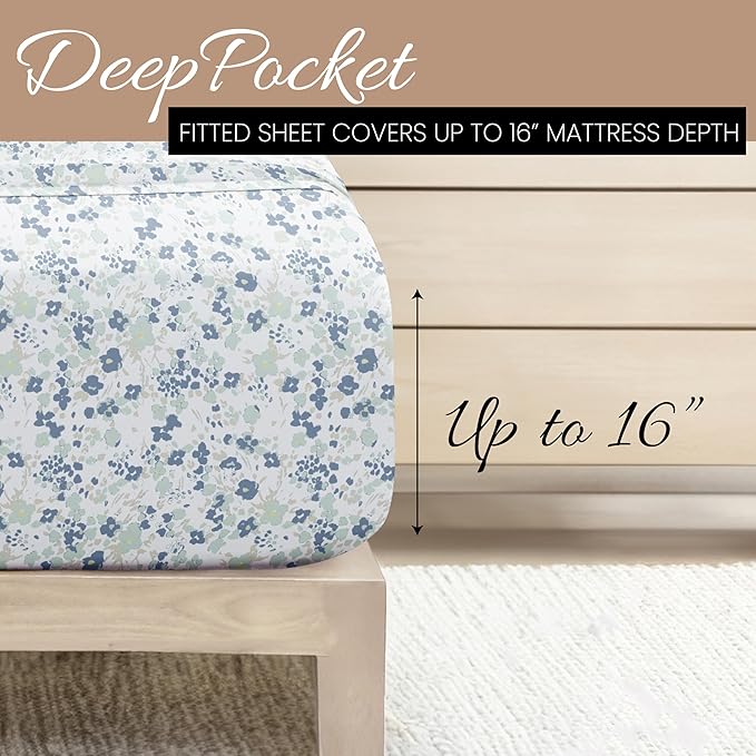 Linen Market Double-Brushed Patterned Microfiber Full Sheet Set 4 Piece – Oeko-TEX Certified Ultra Soft & Wrinkle-Free - 16" Deep Pocket Sheets - Easy Care Full Size - Violets Light Blue