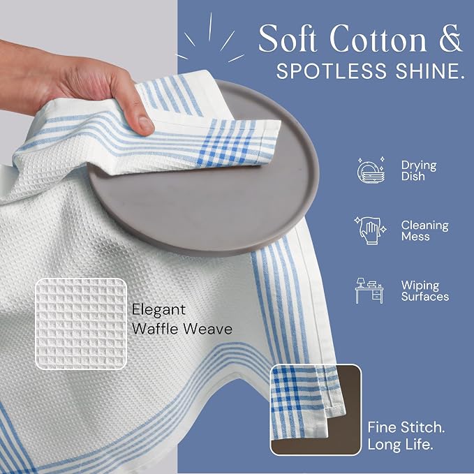 Waffle White & Sky Blue Kitchen Towels 12 Pack, 100% Cotton 16x26 inches, Quick Dry Bar Mop Towel, Super Absorbent Wash Cloths for Cleaning, Drying Dishes, Long Lasting Dishcloth