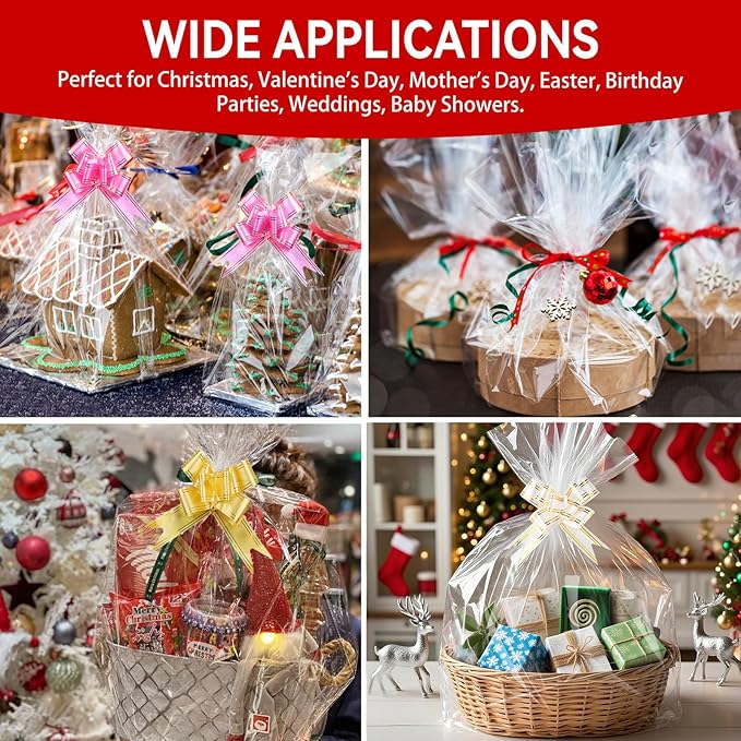 Ohuimrt 50Pcs Cellophane Bags 3 Sizes Cellophane Wrap for Gift Baskets 24x30 16x24 12x18 Large Clear Plastic Packaging Bags with 50 Pull Bows for Christmas Gift Wrapping