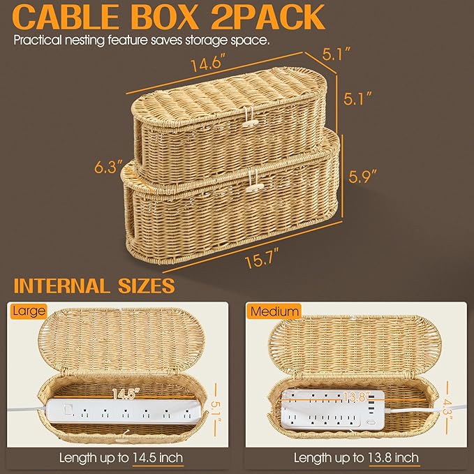 FairyHaus Cable Management Box 2Pack Caramel, Handwoven Large and Small Cable Organizer Box Cover to Hide Cords and Power Strip, Imitation Wicker Cord Organizer Box Hider for Office Desk and Floor