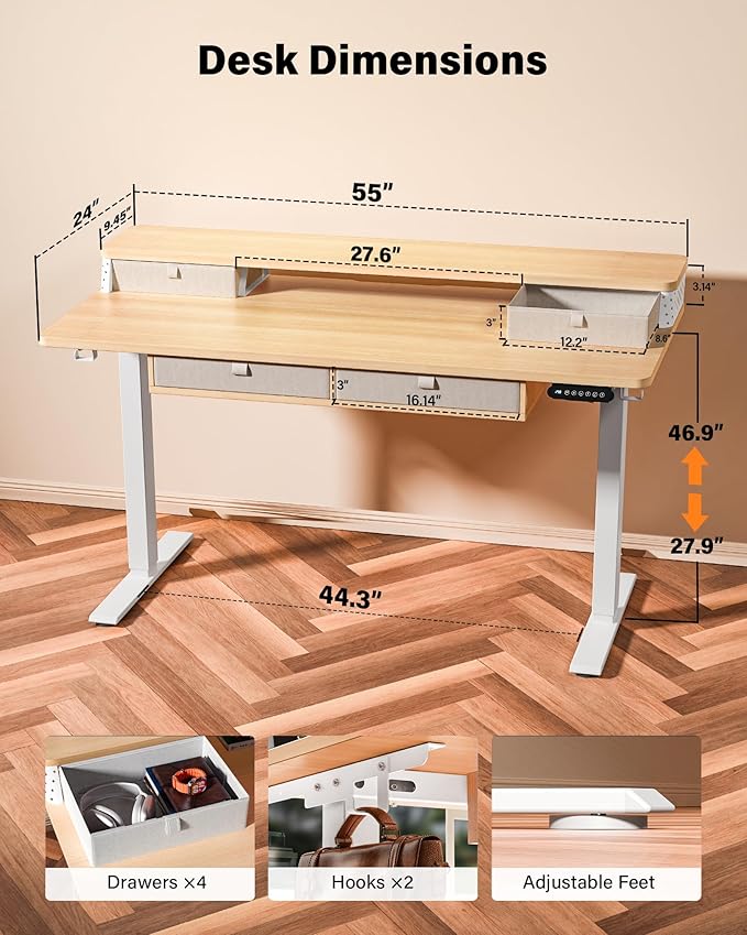 FiCiHi Adjustable Height Standing Desk with 4 Drawers,55 x 24 inches Electric Sit Stand Home Office Desk with Two Tiers, 3 Memory Presets, Monitor Stand Riser, C-Clamp Mount Compatible