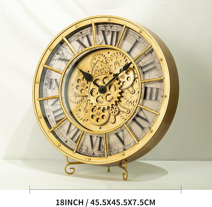 18 Inch Large Gear Clock with Realistic Moving Gears Industrial-Style Steampunk Wall Decor Clock Ideal for Living Rooms, Home Offices, Factories, Bedrooms, Warehouses, and Cabins (Gold White, 18 inch)