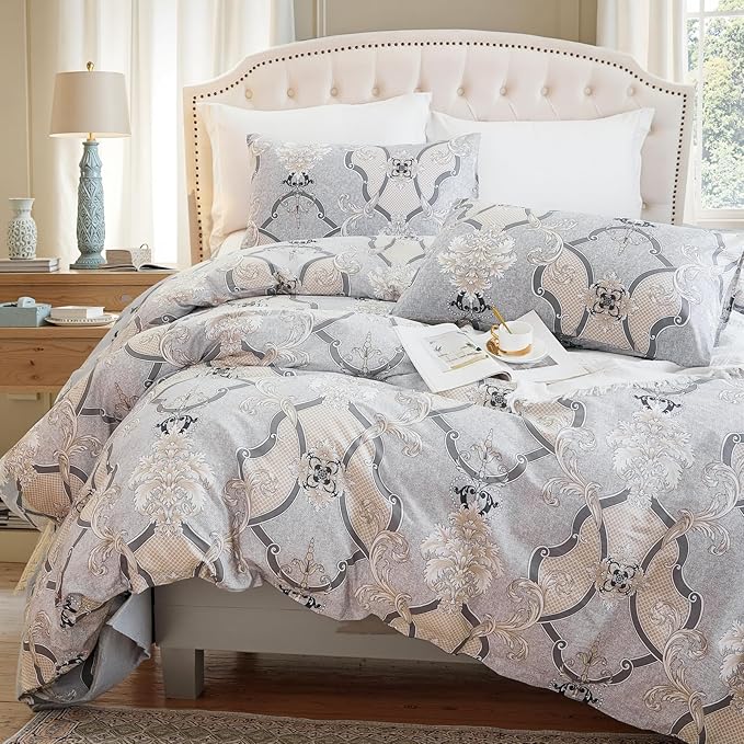 100% Natural Cotton Duvet Cover Set Queen 3 Pcs Grayish Duvet Cover with Luxurious Damask Pattern, Reversible Breathable Soft Comforter Cover Sets with Zipper Closure All Season