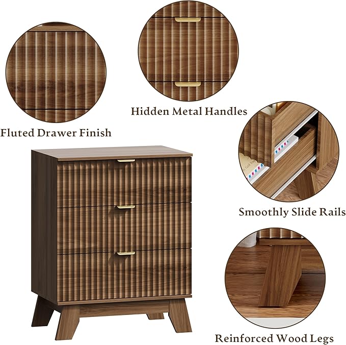 Fluted 3 Drawer Dresser for Bedroom, Mid Century Modern Beside Table with Metal Handle, Wooden Nightstand with 3 Drawers End Table for Living Room, Closet, Entryway, Walnut