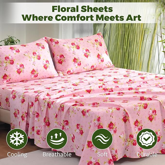 Bedlifes Extra Deep Pocket 18-24" King 4-Piece Sheet Set - Cooling Sheets Blend Rayon Derived from Bamboo Soft & Breathable,Featuring Pink Floral Red Rose
