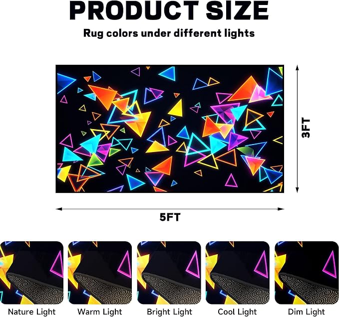 Triangle Area Rug 3'x5' Blacklight Glow in The Dark Geometric Rug Non-Slip Washable Colorful Neon Light Floor Mat for Entryway Bedroom Living Room Nursery Kitchen Playroom Home Decor
