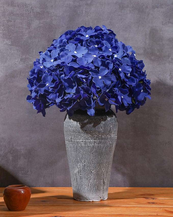 DuHouse Artificial Hydrangea Silk Flower Heads with Stem Fake Hydrangea Flowers for Wedding Home Garden Centerpiece Pack of 6(Klein Blue)