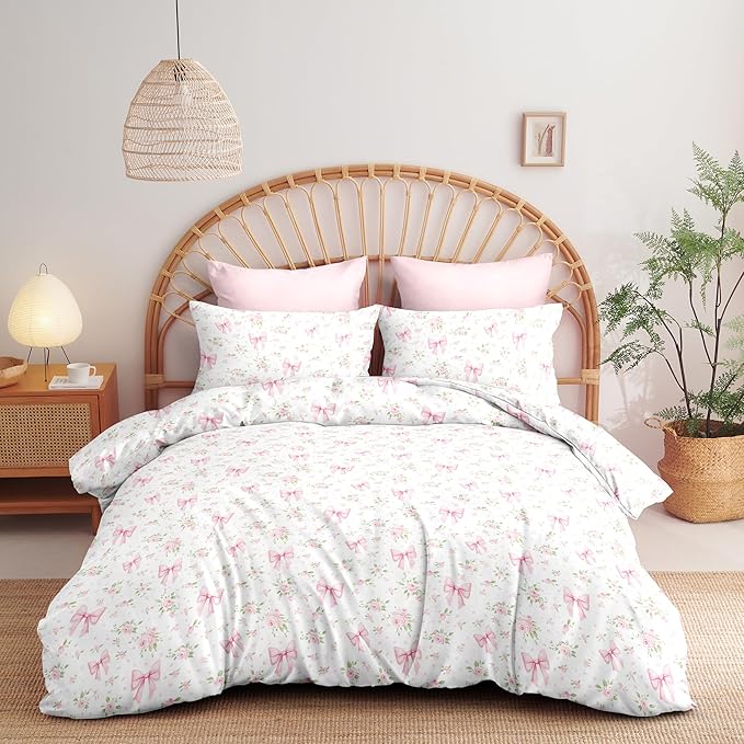 Nayoroom Pink Bow Duvet Cover Queen Size White Green Leaf Floral Duvet Cover Girls Cute Coquette Bedding Set 3 Pieces Soft Lightweight Spring Cottage Core Bedding Gifts for Women