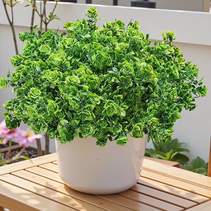 HyeFlora Artificial Plants for Outdoors Outside Spring Summer Decoration, 12 Bundles Faux Green Plastic Leaves Stems Bulk Fake Greenery Look Real UV Resistant for Home Porch Patio Planter Yard Wedding