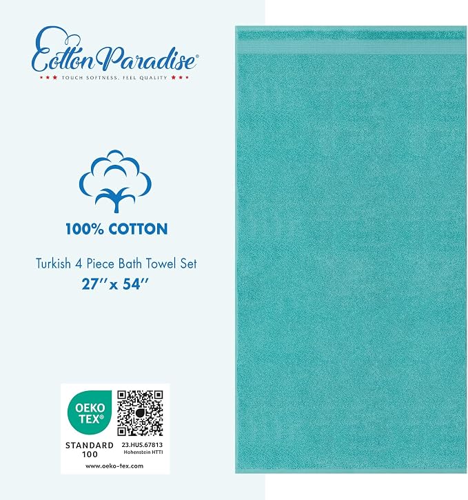 Cotton Paradise 4 Piece Turkish Bath Towels for Bathroom, 100% Cotton Extra Large Soft Plush Towels Bathroom Set, Turquoise